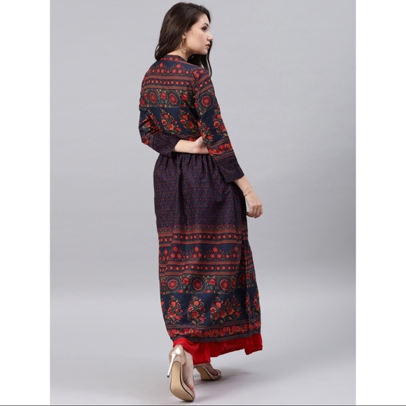 Navy Blue Floral Print Cotton Anarkali with High Slit! Size: L - Picture 4 of 6